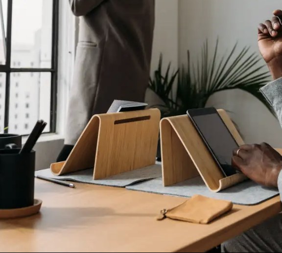 Tablet stands on a workshop desk