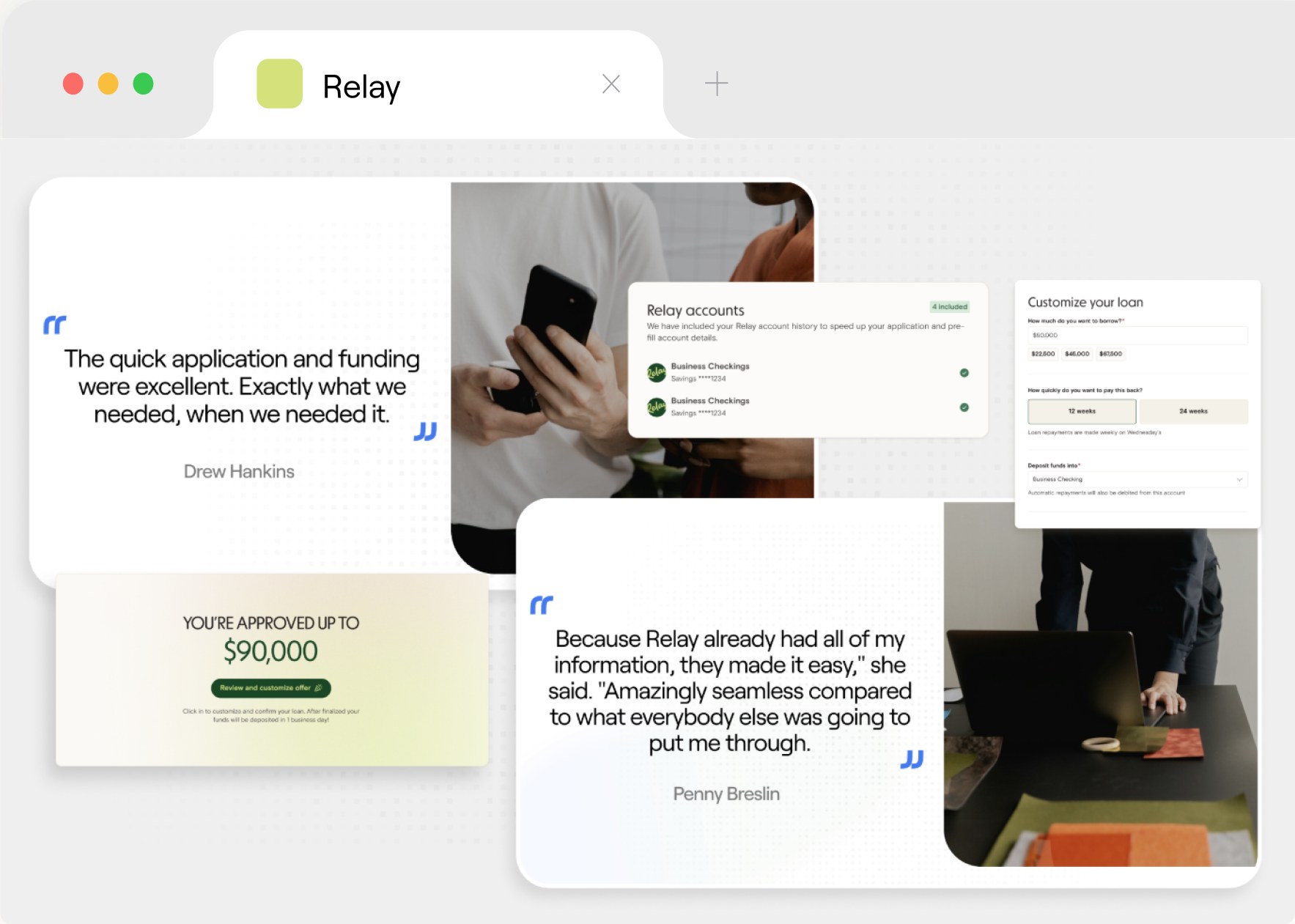 A Relay account dashboard alongside customer quotes about how quickly the funding arrived