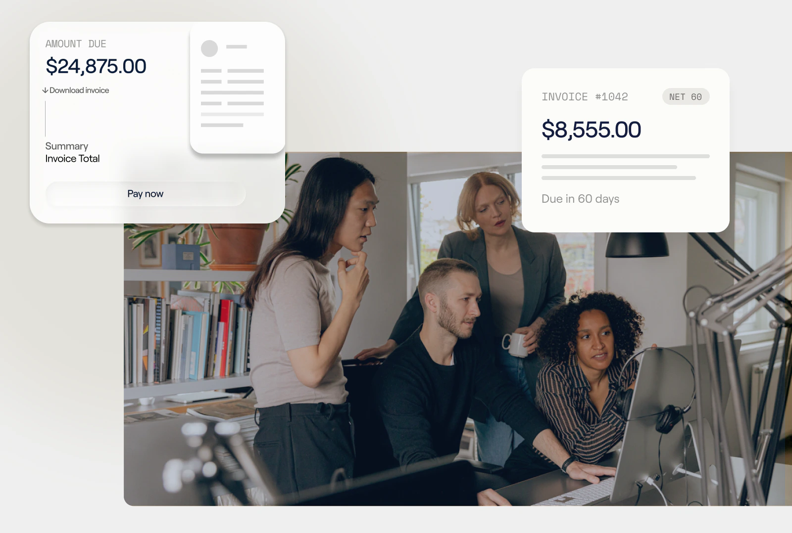 Two Fundbox invoice cards — a $24,875 amount due with a Pay now button and an $8,555 invoice on net-60 terms — beside a team reviewing work at a desk.