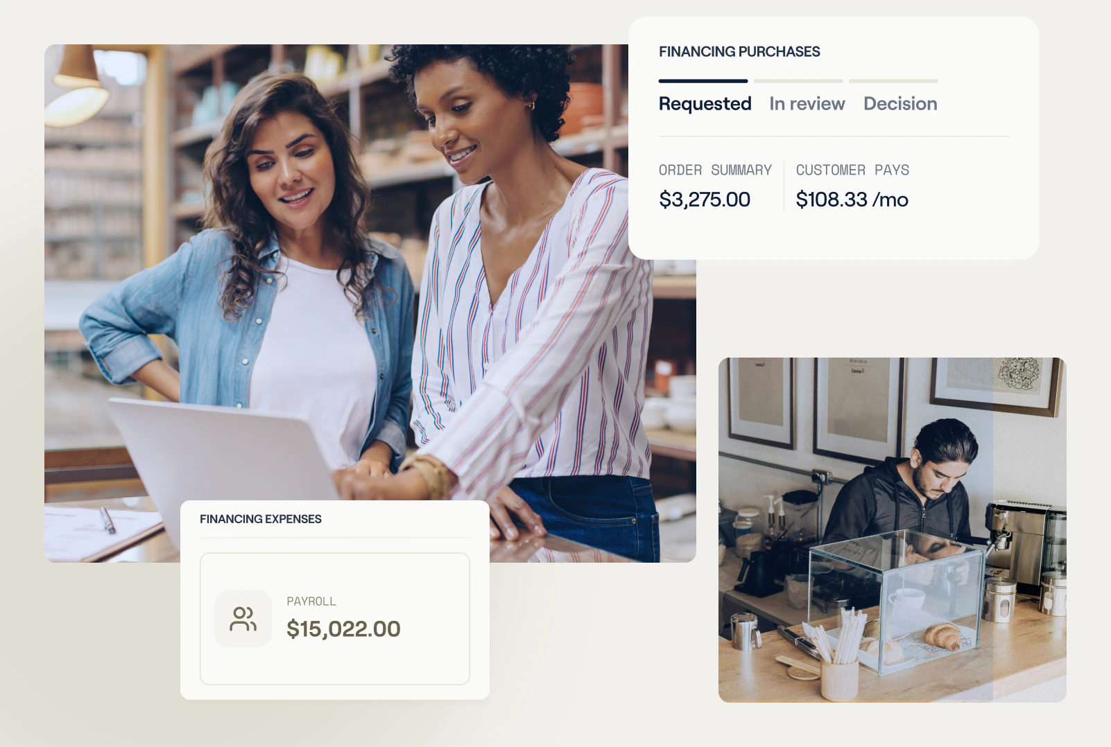Two Fundbox financing cards — a $3,275 purchase order paid at $108.33 a month and a $15,022 payroll expense — beside photos of small-business owners at work.