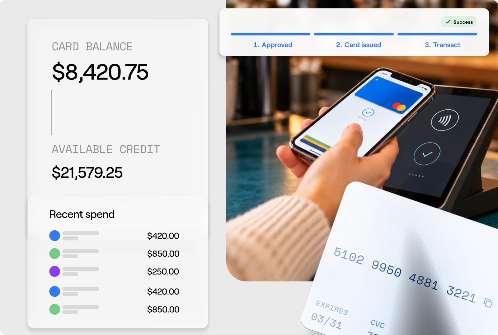 A Fundbox card dashboard showing a card balance, available credit and recent spend, beside a customer tapping a phone to pay at a card terminal.